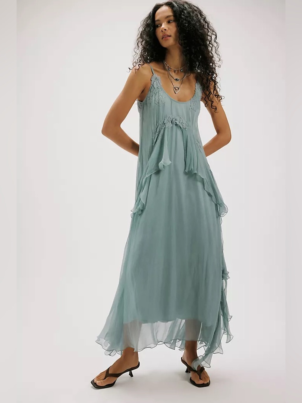 Free People Misty Green Ruffle Slip Maxi Dress